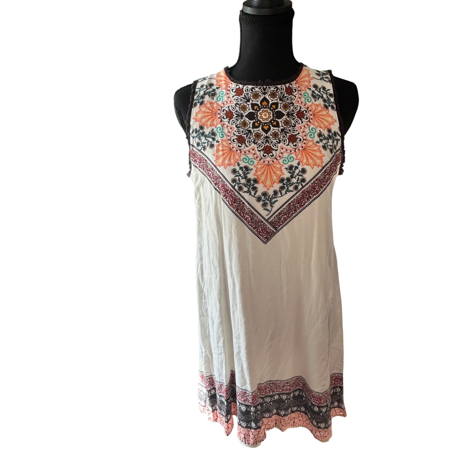 Skies Are Blue Mini Sleeveless Shift Dress Womens Med Boho Mandala Crochet Trim
